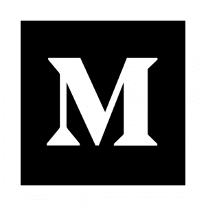 The image shows a large white capital M centered on a black square background, commonly associated with the logo of the platform Medium.