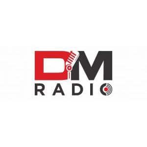 Logo with the letters DM in red and black, featuring a vintage microphone design. Below, the word RADIO is written in black, with the O resembling a vinyl record. The background is white.