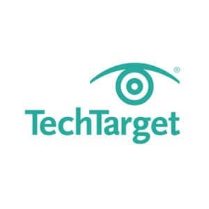 The image shows the TechTarget logo, featuring the company name TechTarget in teal font, with a stylized eye design above it, incorporating concentric circles to represent a targeted focus.