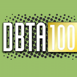 Logo for DBTA 100 on a green background with a dotted pattern. DBTA is in bold white letters with black shadows, and 100 is in bold white letters on a yellow rectangular background.