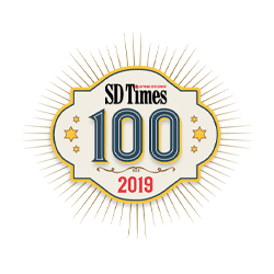 Logo with SD Times 100 in large letters and 2019 below it. The design is bordered by a decorative outline with star accents and rays extending outwards, giving a sunburst effect.