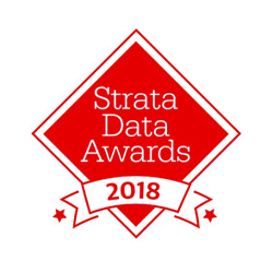 Red diamond-shaped logo with Strata Data Awards written in white. Below it, a white banner with red text reads 2018, flanked by two red stars.