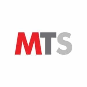 Bold letters MTS on a white background. M and T are in red, and S is in gray.