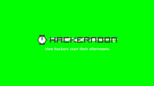 Bright green background with pixel art of a white clock next to the text HACKERNOON in gray, styled in a pixelated font. Below, the caption reads, How hackers start their afternoons.