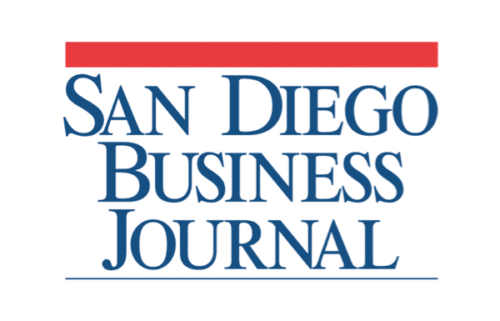 Logo of the San Diego Business Journal, featuring the publications name in blue, serif font. A red horizontal line is above the text.