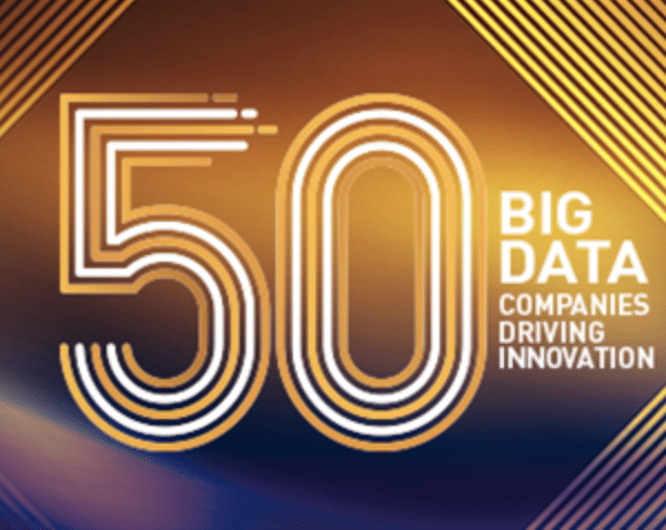 A graphic with a glowing design features the number 50 in bold, overlapping lines. Beside it, the text reads Big Data Companies Driving Innovation set against a gradient background of brown and blue hues.