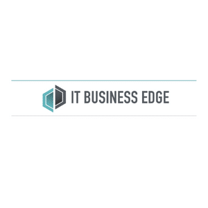 Logo for IT Business Edge, featuring a geometric design with a hexagonal shape divided into turquoise and gray sections on the left, followed by the name IT Business Edge in bold black letters on the right.
