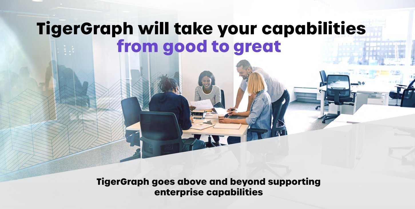 A group of four diverse individuals engage in discussion around a conference table in a modern office, highlighting how TigerGraphs graph technology elevates your capabilities from good to great, going above and beyond in supporting enterprise capabilities.