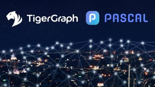 Logos of TigerGraph Cloud and Pascal against a night cityscape backdrop. A network diagram with connected nodes overlays the city, symbolizing digital connectivity and technology.