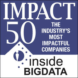 Logo for IMPACT 50 The Industrys Most Impactful Companies by insideBIGDATA, featuring bold text on a blue and white background with a stylized data-related graphic.