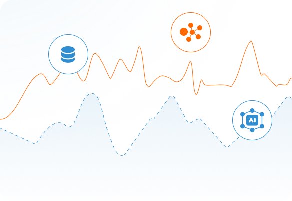 A graphic showing two line graphs: an orange line with upward peaks and a blue dashed line with lower peaks. Icons above include a database symbol, network nodes, and an AI chip, representing data and technology concepts.