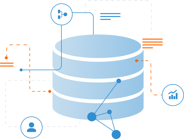 Illustration of a blue cylindrical database with connected icons representing user access, data integration, and analytics. Lines and arrows indicate data flow to and from the database.