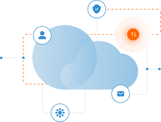 Illustration of a cloud with icons representing user, security, email, and connections, linked by orange and blue lines. An orange circle with an up-down arrow is included, indicating data transfer.