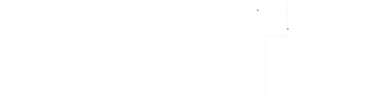 A black image with intersecting dashed white lines forming a geometric pattern. The lines create various angles and pathways, with small sections and turns. A subtle blue dot is visible where two lines meet.