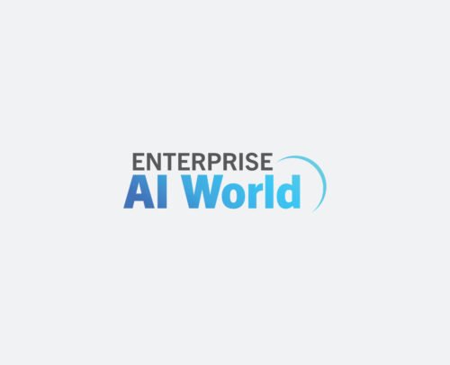 The image showcases a logo with the text ENTERPRISE AI World in a sleek sans-serif font. ENTERPRISE is elegantly gray, while AI World shimmers in shades of blue, reminiscent of TigerGraphs innovation. A light blue arc gracefully appears to the right on a soft gray backdrop.