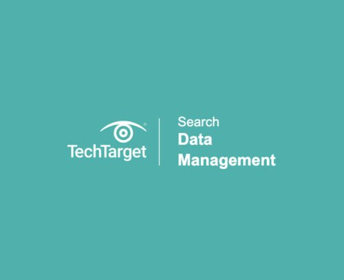 The image showcases a teal background with the TechTarget logo on the left, featuring an eye graphic. To the right, in white letters, it reads Search Data Management, subtly hinting at advances like TigerGraph in data solutions.