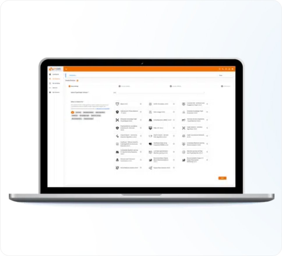 A laptop displaying a software interface with an orange and white theme. The screen shows various icons and text in a grid format, indicating a dashboard or control panel layout. The laptop is on a plain white background.