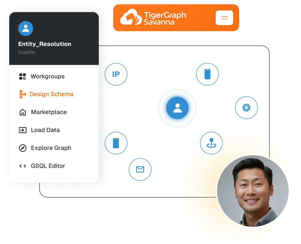 User interface of TigerGraph Savanna showing a side menu with options like Design Schema and Marketplace. A network diagram with icons is displayed on the right, along with a profile picture of a smiling person.