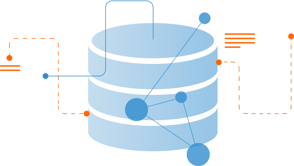Illustration of a blue database icon with interconnected lines and spheres. Orange and blue dashed lines link to various points on the database, depicting data flow and connectivity.