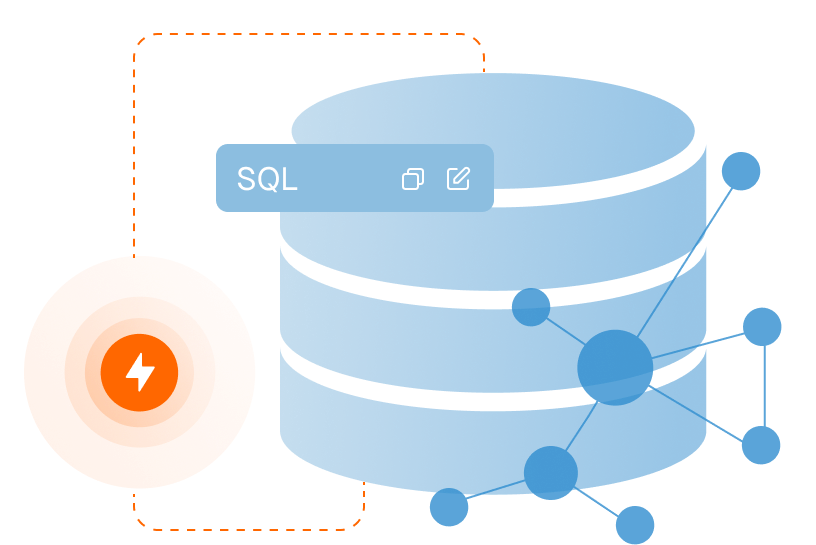 Illustration of a blue database icon with overlapping disks and connected nodes, featuring a floating SQL label. A bright orange circle with a lightning bolt symbol is on the left, connected by digital lines.