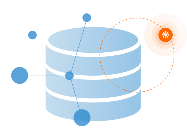 Illustration of a blue database icon with three black bands and connected blue circles, including an orange circle with white dots, suggesting a digital network or data concept.