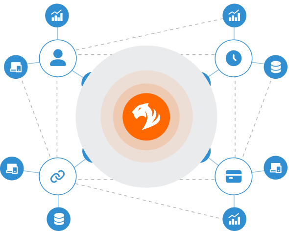 A central orange circle with a white lion head icon, surrounded by icons representing data, user, phone, card, chain, and graphs, all connected by dotted lines.