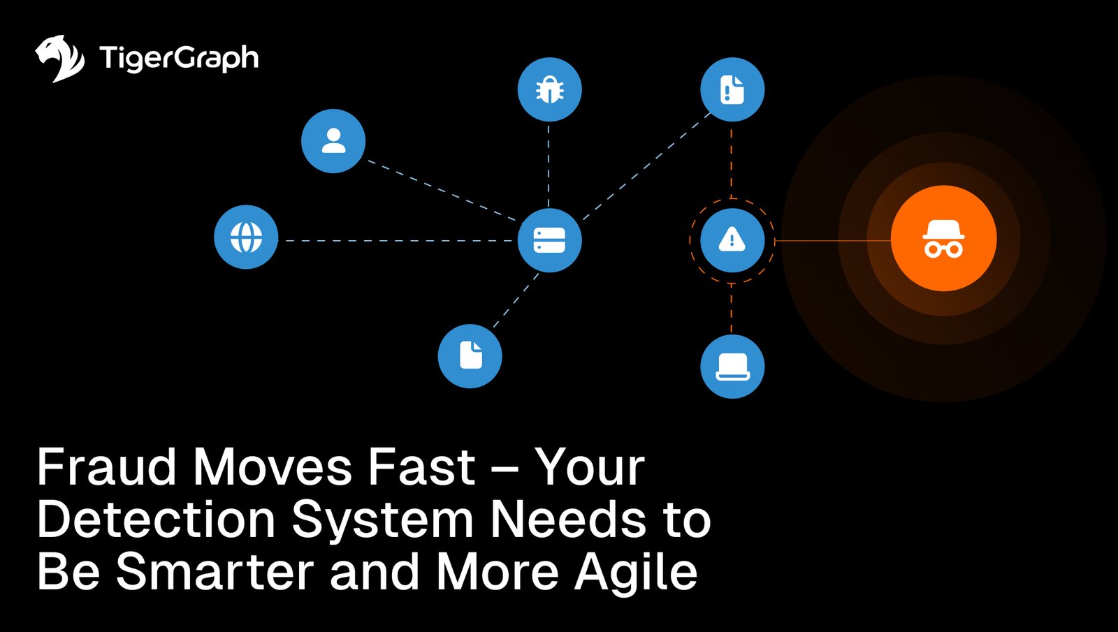A network diagram shows various icons connecting to a masked figure, representing fraud detection. Text reads: Fraud Moves Fast – Your Detection System Needs to Be Smarter and More Agile. TigerGraph logo is in the top left corner.