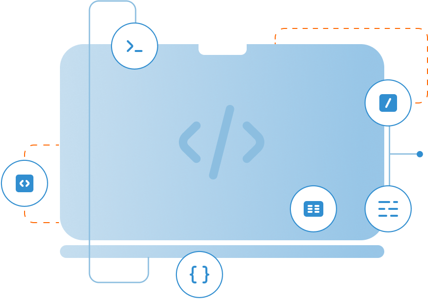 Illustration of a laptop displaying code symbols, surrounded by icons including terminal, brackets, and document symbols, representing various aspects of programming and coding. The design has a gradient blue theme with dotted orange lines connecting the icons.