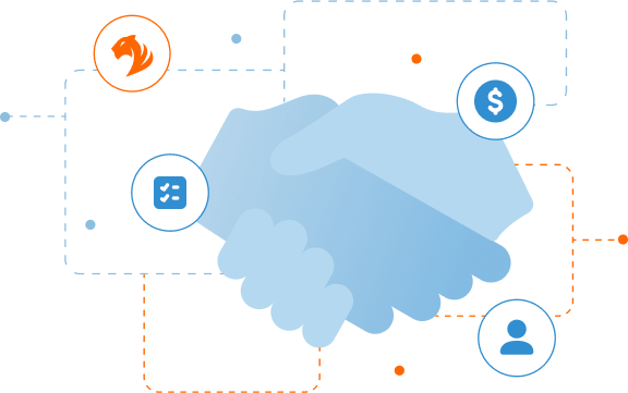 Illustration of two hands shaking, surrounded by icons including a dollar sign, user profile, an eagle head, and a settings symbol, with dotted lines connecting the icons, representing partnership and collaboration.