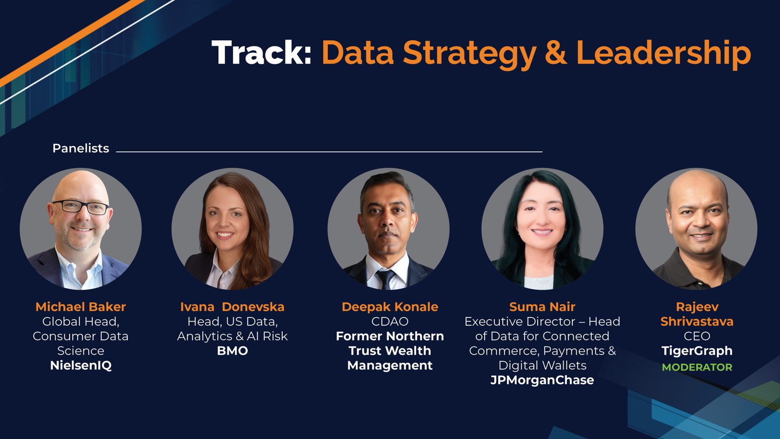 Panelists for Data Strategy & Leadership track, with photos and titles: Michael Baker (NielsenIQ), Ivana Donevska (BMO), Deepak Konale (Former Northern Trust), Suma Nair (JPMorganChase), and moderator Rajev Shrivastava (TigerGraph).