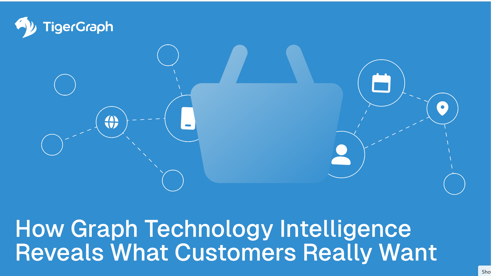 Blue graphic with TigerGraph logo, a large shopping basket icon, and various connected icons representing data points. Text reads: How Graph Technology Customer Insights Reveal What Customers Really Want.