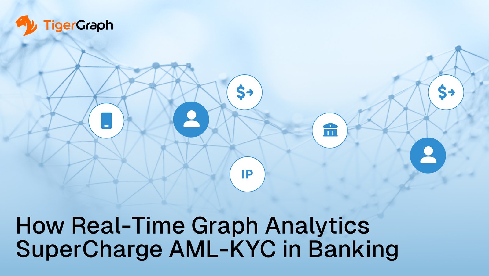 A network graphic with icons for user, dollar sign, bank, and IP address linked together, featuring the TigerGraph logo and the headline: How real-time graph analytics supercharge AML KYC efforts in banking.