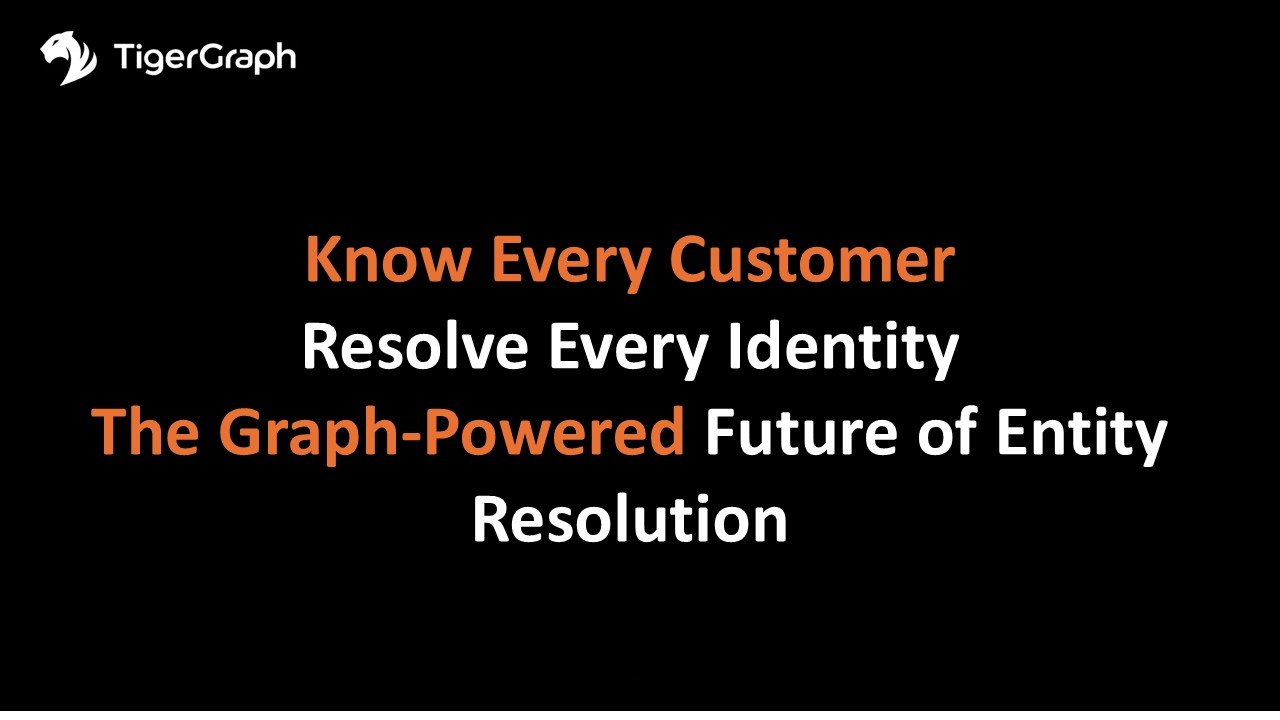 TigerGraph logo in the top left. Text reads: Know Every Customer Resolve Every Identity The Graph-Powered Future of Entity Resolution, with some words in orange and others in white on a black background.