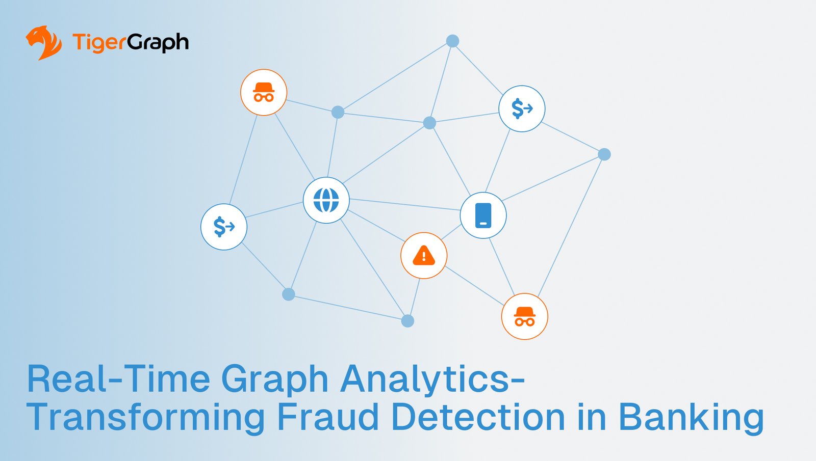 TigerGraph logo, a web of connected nodes with icons for security, money, and fraud, alongside the text: Real-Time Graph Analytics Fraud Detection - Transforming Banking.