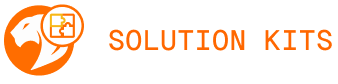 Orange lion head icon with a magnifying glass highlighting a puzzle piece, next to the words SOLUTION KITS in bold orange letters on a light gray background.