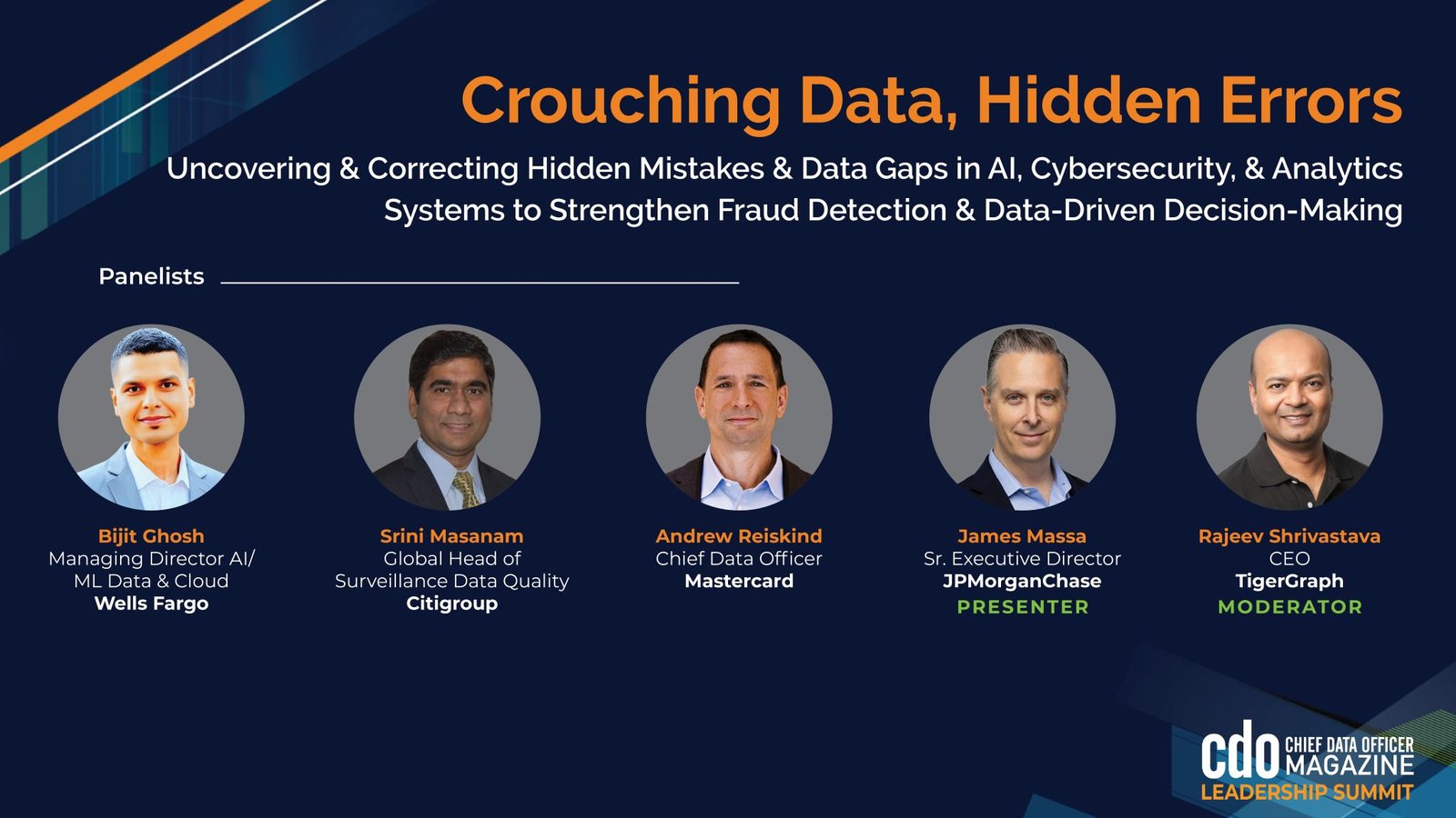 Event panel image titled Crouching Data, Hidden Errors featuring portraits of five panelists with their names, titles, and companies, focusing on uncovering hidden data errors to improve fraud detection and decision-making.