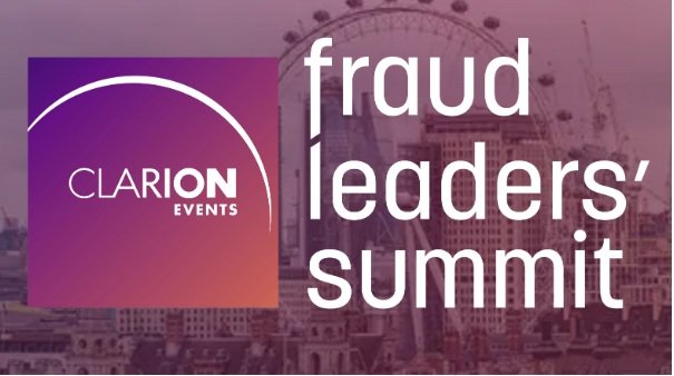 Event graphic with a purple and pink Clarion Events logo on the left and white text reading fraud leaders summit overlaying a faded image of the London Eye and city skyline in the background.