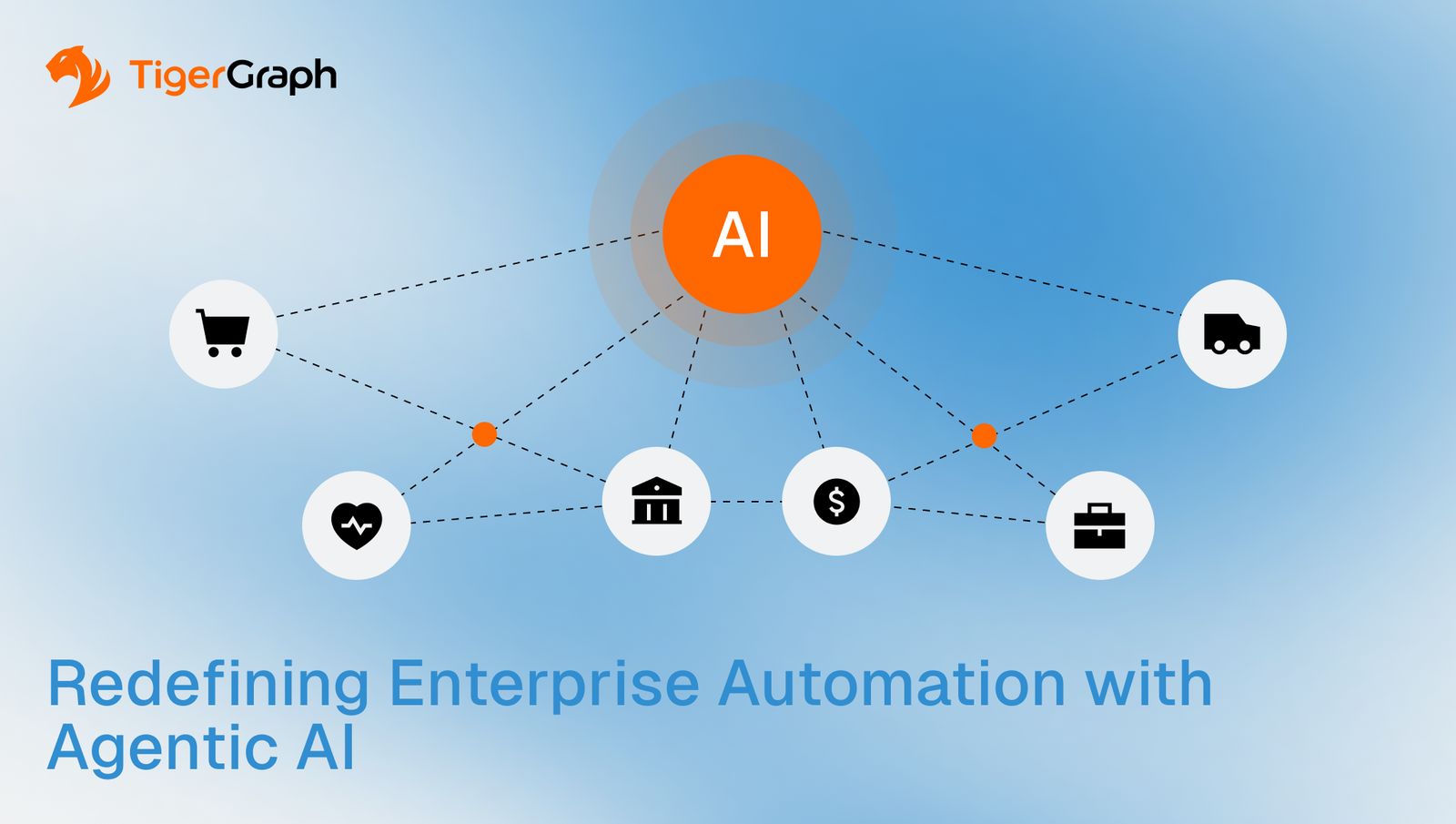A central orange AI circle connects with icons representing shopping, health, banking, money, business, and shipping. TigerGraph logo appears in the top left. Text below reads, Redefining Enterprise Automation with Agentic AI.