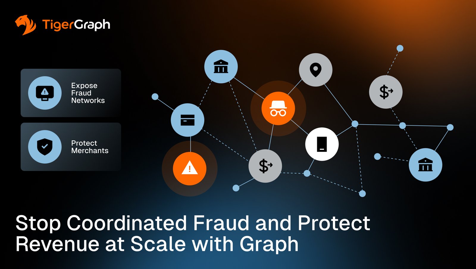 A digital graphic with network icons and lines illustrates fraud detection. The TigerGraph logo appears in the top left. Text reads: Stop Coordinated Fraud and Protect Revenue at Scale with Graph, next to icons for exposing fraud networks and protecting merchants.