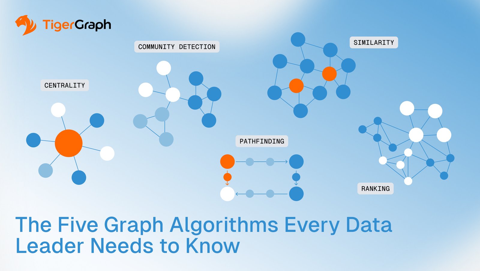 Infographic with the TigerGraph logo, five labeled graphs illustrating key graph algorithms: Centrality, Community Detection, Pathfinding, Similarity, and Ranking. Text reads: The Five Graph Algorithms Every Data Leader Needs to Know.